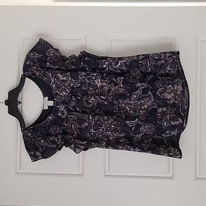 Pretty Blue Floral Top, Sheer over solid blue shell, flutter cap sleeves, Size M